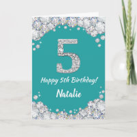 Happy 5th Birthday Blauwgroen en Silver Glitter Ca