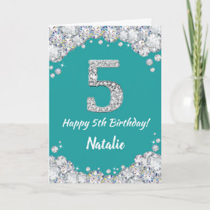 Happy 5th Birthday Blauwgroen en Silver Glitter Ca Kaart