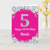 Happy 5th Birthday Hot Pink en Silver Glitter Kaart (Gele Bloem)