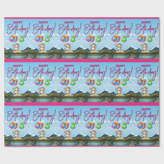 Happy 5th Birthday Monkey Cadeaupapier (Vlak)