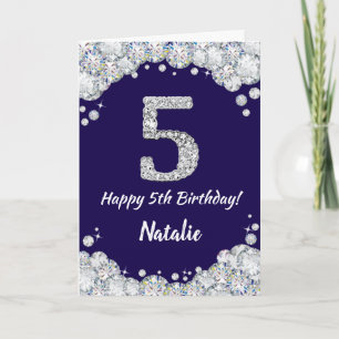 Happy 5th Birthday Navy Blue en Silver Glitter Kaart