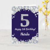 Happy 5th Birthday Navy Blue en Silver Glitter Kaart (Gele Bloem)