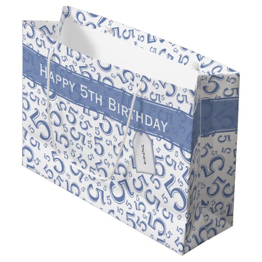 Happy 5th Birthday Number Pattern 5 Blue/White Groot Cadeauzakje (Voorkant Gekanteld)