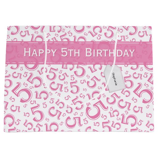 Happy 5th Birthday Number Pattern 5 Pink/White Groot Cadeauzakje (Voorkant)