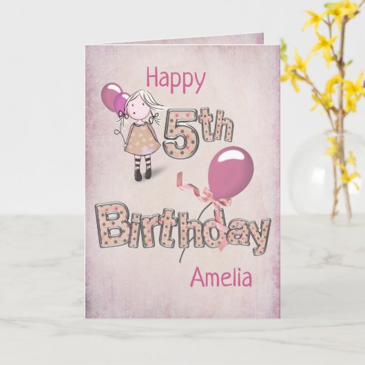 Happy 5th Birthday polka dots en ballonnen Kaart (Gele Bloem)