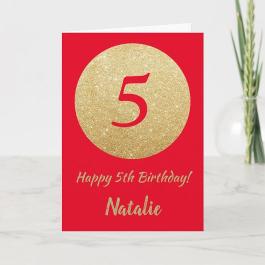Happy 5th Birthday Red en Gold Glitter Card Kaart (Voorkant)