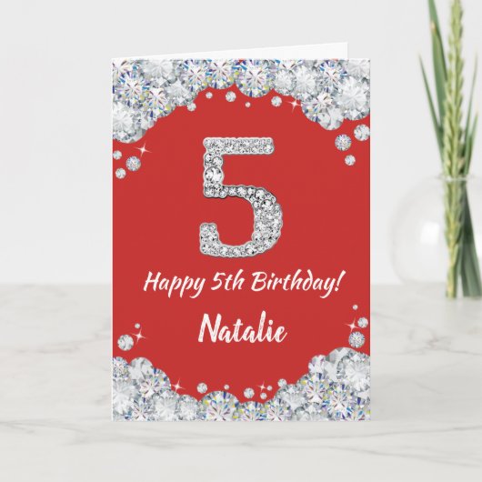 Happy 5th Birthday Red en Silver Glitter Card Kaart (Voorkant)