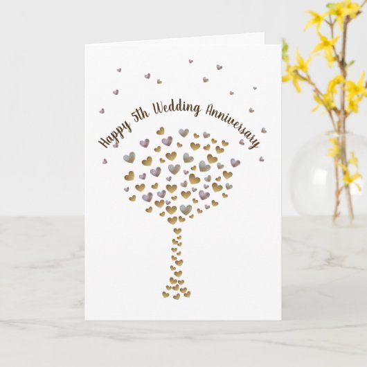 Happy 5th Wedding Anniversary, wood heart tree Kaart (Gele Bloem)