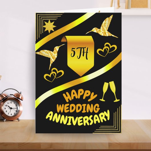 Happy 5th Wedding Jubileum Zwart & Goud Modern Kaart