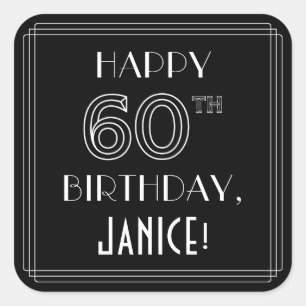 HAPPY 60TH BIRTHDAY; Art Deco Style; aangepaste na Vierkante Sticker