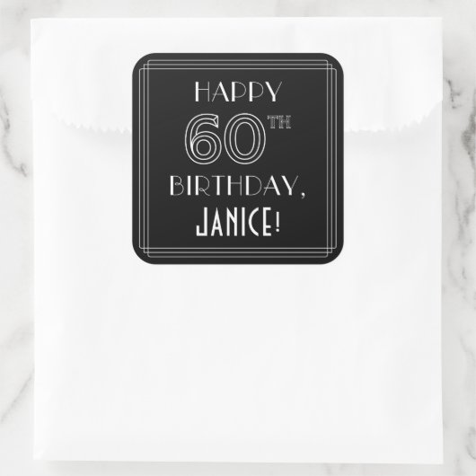 HAPPY 60TH BIRTHDAY; Art Deco Style; aangepaste na Vierkante Sticker (Tas)