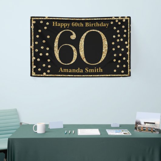 Happy 60th Birthday Banner Black en Gold Glitter (Beurs)