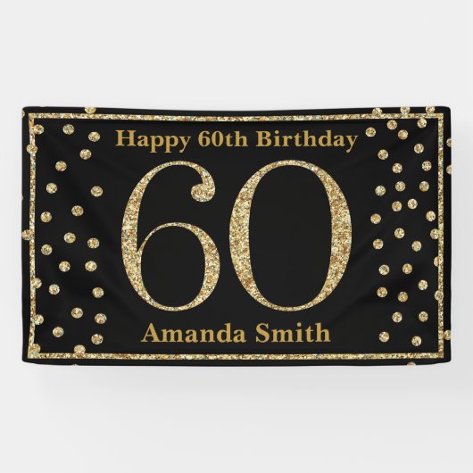 Happy 60th Birthday Banner Black en Gold Glitter (Horizontaal)
