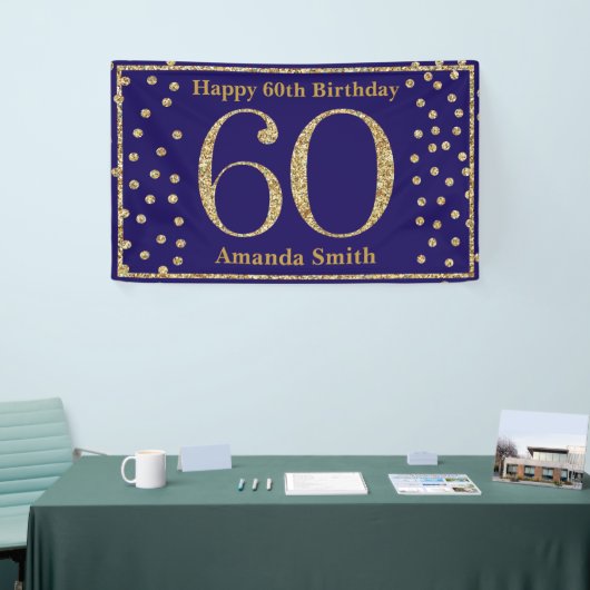 Happy 60th Birthday Banner Navy Blue Gold Glitter (Beurs)