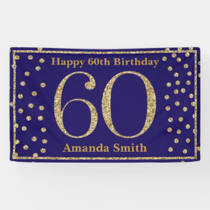 Happy 60th Birthday Banner Navy Blue Gold Glitter