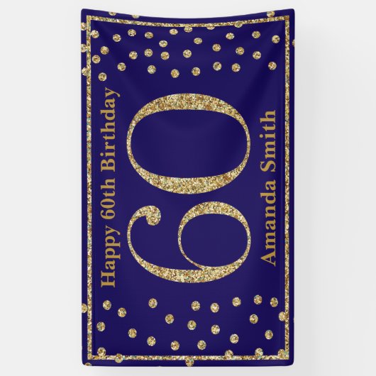 Happy 60th Birthday Banner Navy Blue Gold Glitter (Verticaal)
