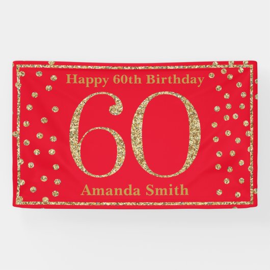 Happy 60th Birthday Banner Red en Gold Glitter (Horizontaal)