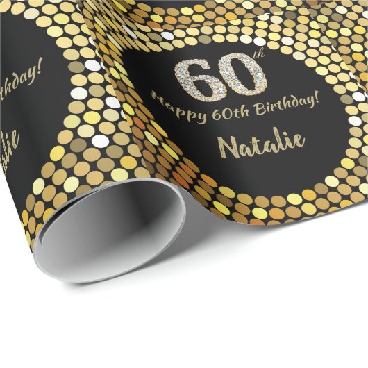 Happy 60th Birthday Black en Gold Glitter Cadeaupapier (Rol Hoek)