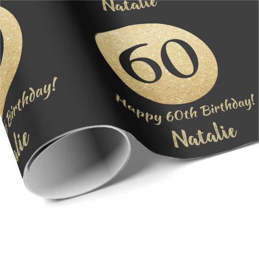 Happy 60th Birthday Black en Gold Glitter Cadeaupapier (Rol Hoek)