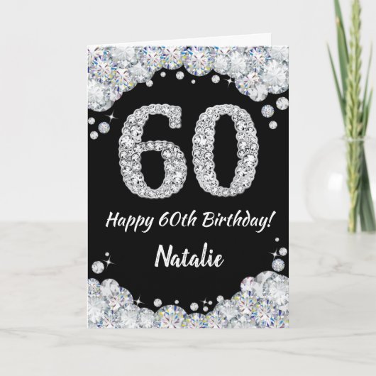 Happy 60th Birthday Black en Silver Glitter Card Kaart (Voorkant)