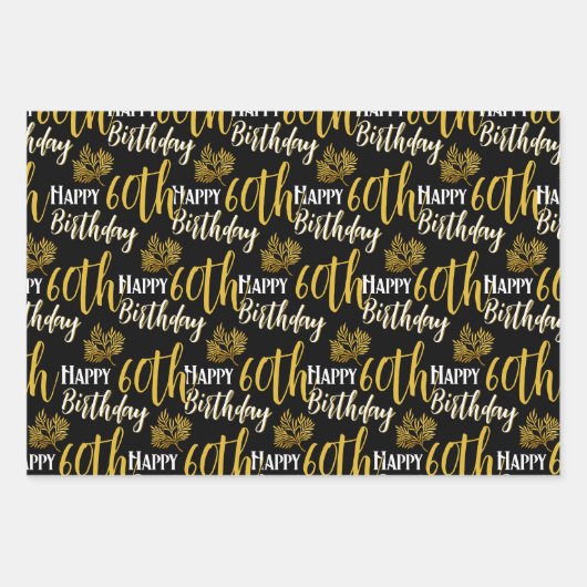 Happy 60th Birthday Black Gold Foliage Photo  Inpakpapier Vel (Voorkant 3)