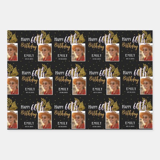 Happy 60th Birthday Black Gold Foliage Photo  Inpakpapier Vel (Voorkant 2)