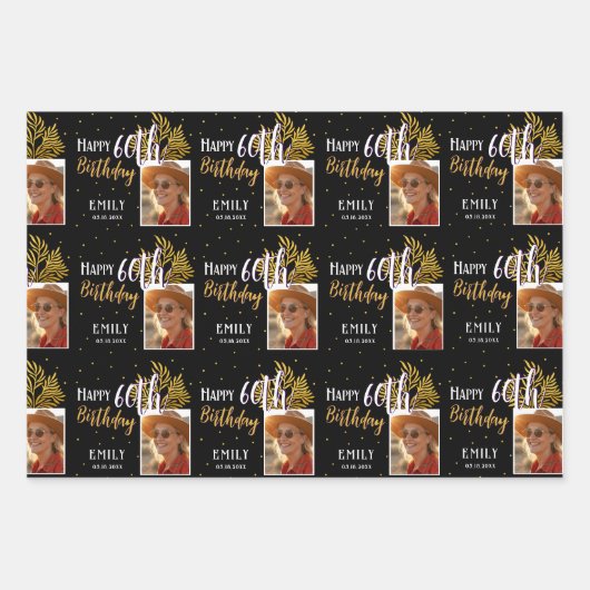 Happy 60th Birthday Black Gold Foliage Photo  Inpakpapier Vel (Voorkant)