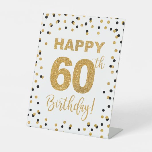 Happy 60th Birthday Black & Gold Pedestal Sign Reclamebord Met Voetstuk (Voorkant)
