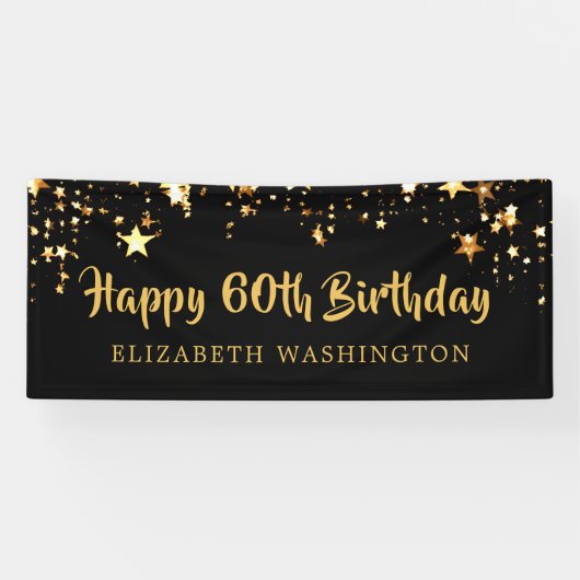 Happy 60th Birthday Black Gold Stars of Jouw tekst Spandoek (Horizontaal)