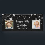 Happy 60th Birthday Black Silver Stars Name Spandoek<br><div class="desc">Vier degene die 60 wordt en verwelkom feestgasten met dit zwarte en zilveren ster thema spandoek teken met twee foto's en een handgeschreven penseel script lettertype. FOTO TIP: Kies voor het snelste/beste resultaat een foto met het onderwerp in het midden en/of snijd deze vooraf in een vierkante vorm VOORDAT u...</div>