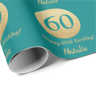 Happy 60th Birthday Blauwgroen en Gold Glitter Cadeaupapier