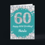 Happy 60th Birthday Blauwgroen en Silver Glitter C Kaart<br><div class="desc">Happy 60th Birthday Blauwgroen Turquoise Aqua en Silver Glitter Card met persoonlijke naam. Voor verdere aanpassing,  te klikken gelieve de knoop "van de Aanpassing het"en ons ontwerphulpmiddel te gebruiken om deze sjabloon te wijzigen.</div>