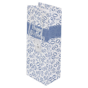 Happy 60th Birthday Blue and White Number Pattern Wijn Cadeautas
