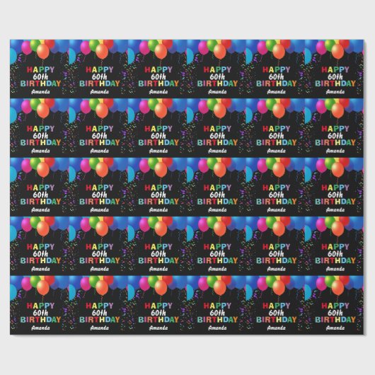 Happy 60th Birthday Colorful Balloons Black Cadeaupapier (Vlak)