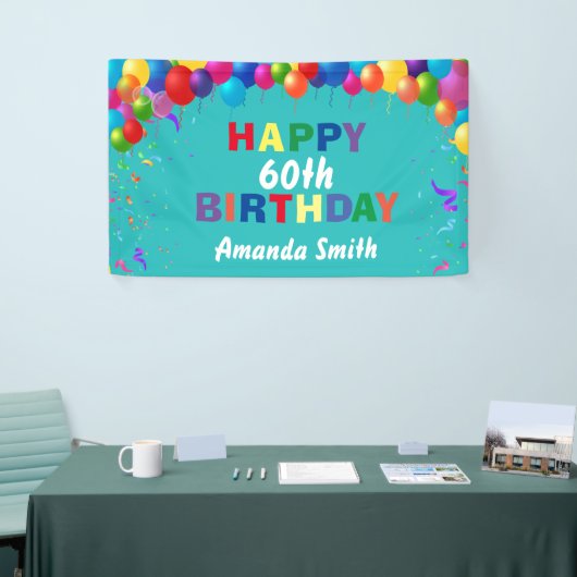 Happy 60th Birthday Colorful Balloons Blauwgroen Spandoek (Beurs)