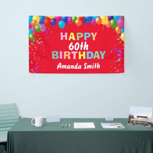 Happy 60th Birthday Colorful Balloons Red Spandoek (Beurs)