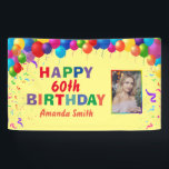 Happy 60th Birthday Colorful Balloons Yellow Spandoek<br><div class="desc">Fijne 60ste verjaardag Colorful Balloons Confetti Yellow Photo Banner. Voor verdere aanpassing,  te klikken gelieve de knoop "van de Aanpassing het"en ons ontwerphulpmiddel te gebruiken om deze sjabloon te wijzigen.</div>