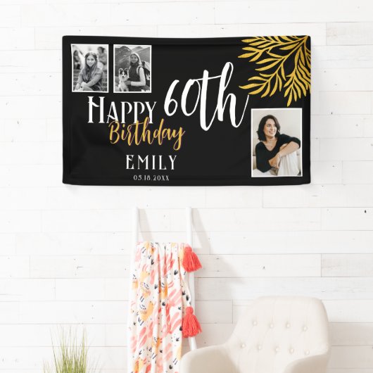 Happy 60th Birthday Gold Foliage 3 Photo Backdrop Spandoek (Insitu)