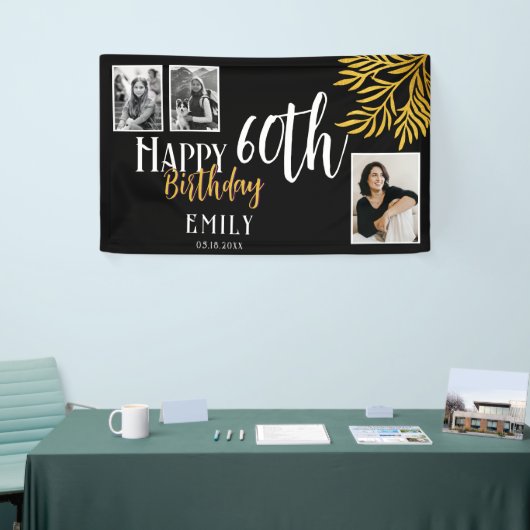 Happy 60th Birthday Gold Foliage 3 Photo Backdrop Spandoek (Beurs)