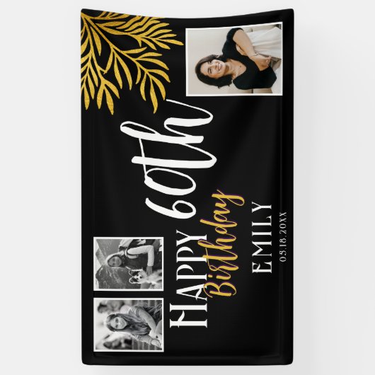 Happy 60th Birthday Gold Foliage 3 Photo Backdrop Spandoek (Verticaal)