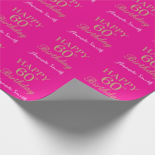 Happy 60th Birthday Gold Glitter en Hot Pink Cadeaupapier (Hoek)
