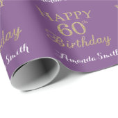 Happy 60th Birthday Gold Glitter en Paars Cadeaupapier (Rol Hoek)