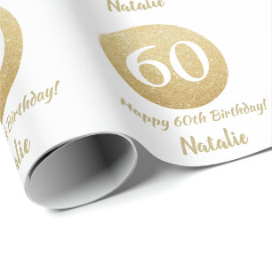 Happy 60th Birthday Gold Glitter en White Cadeaupapier