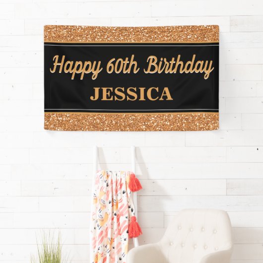 Happy 60th Birthday Gold Glitter Zwart Spandoek (Insitu)