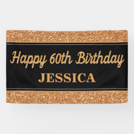 Happy 60th Birthday Gold Glitter Zwart Spandoek