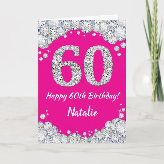 Happy 60th Birthday Hot Pink en Silver Glitter Kaart (Voorkant)