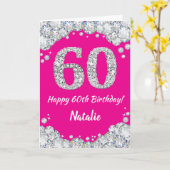 Happy 60th Birthday Hot Pink en Silver Glitter Kaart (Gele Bloem)