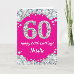 Happy 60th Birthday Hot Pink en Silver Glitter Kaart