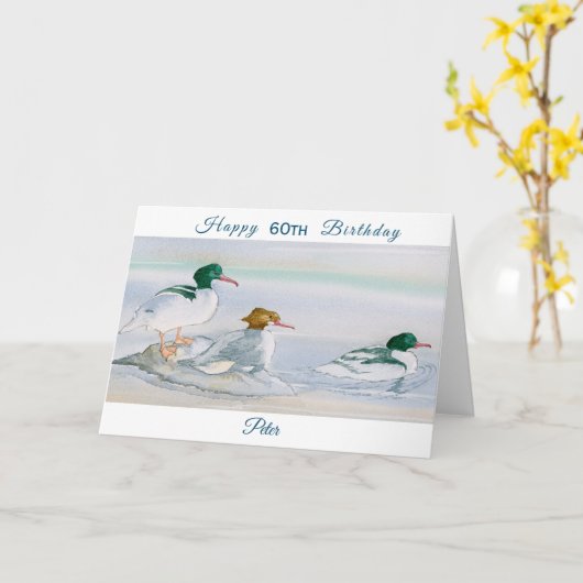 Happy 60th Birthday Merganser Goosander Bird Kaart (Gele Bloem)