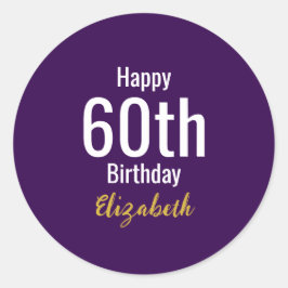 Happy 60th Birthday Name Gold Dark Purple White Ronde Sticker
